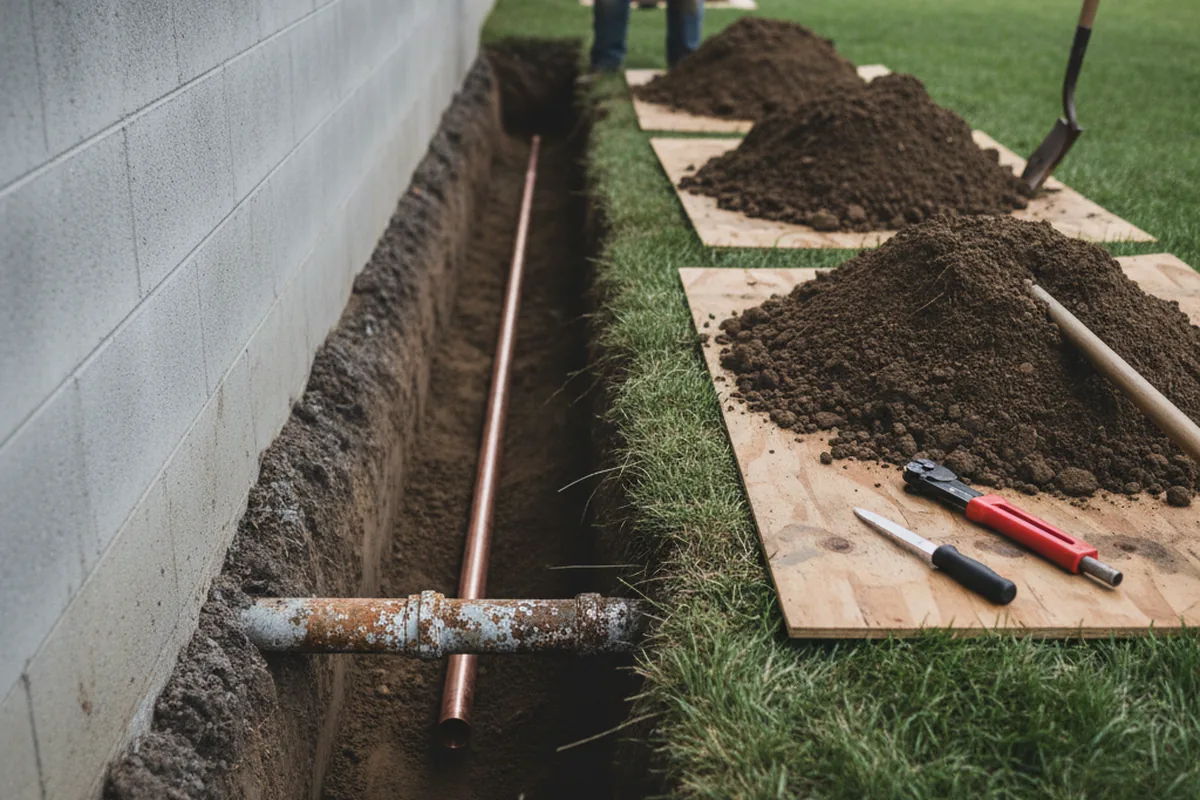 Excavated water line trench during Water Softener Installation in Bear Branch